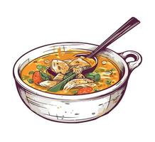 A bowl of soup with chicken and vegetables vector