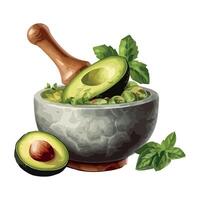 Avocado in mortar with mint leaves and mortar vector