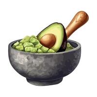 Avocado in a bowl with a wooden spoon vector