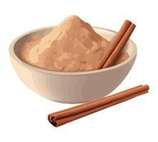 Cinnamon powder in a bowl and two cinnamon sticks vector