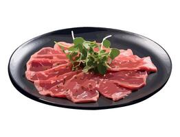 A plate of raw meat with a green leaf on it vector