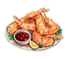 Fried shrimp with dipping sauce on a plate vector
