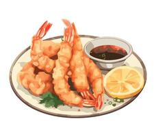 Fried shrimp with dipping sauce on a plate vector