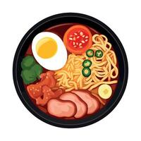 Ramen noodles with meat, egg and vegetables in a bowl vector