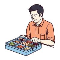 A man is eating a lunch in a lunch box vector
