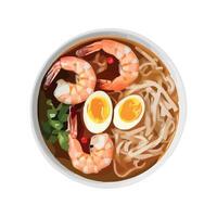 A bowl of ramen with shrimp and eggs vector