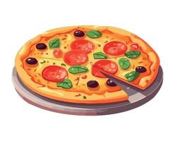 Pizza with pepperoni and olives on a plate vector