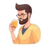 A man with a beard and glasses is drinking a beer vector