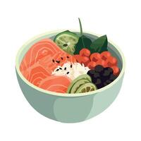 Salmon sushi bowl with vegetables and fruit vector