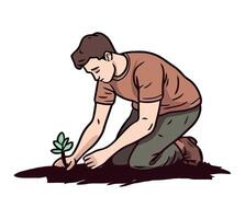 A man is planting a plant in the ground vector