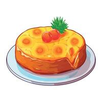 Pineapple cake with pineapple and cherries on a plate vector