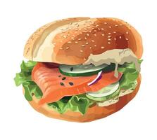 A drawing of a hamburger with salmon and lettuce vector