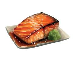 A piece of salmon is on a plate with sauce vector