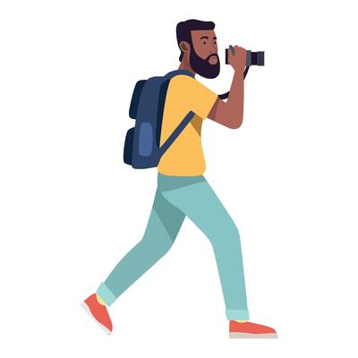 Man with backpack and camera walking