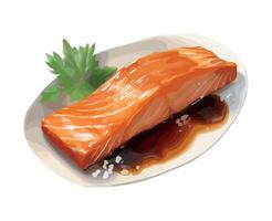 Salmon on a plate with sauce and parsley vector