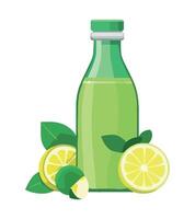 A bottle of lemon juice with lemons and leaves vector