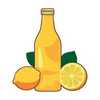 A bottle of lemon juice and lemons on a white background vector