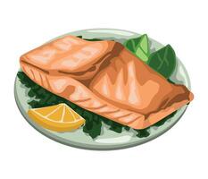 Salmon on a plate with lemon and spinach vector