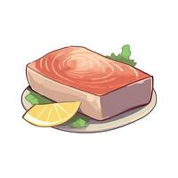 A piece of meat with a slice of lemon on it vector