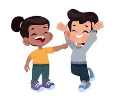 Two children are having fun together, one is jumping up and the other is giving a high five vector