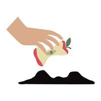 A hand picking up an apple from a pile of dirt vector