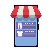 A smartphone with a store front and clothes on it vector