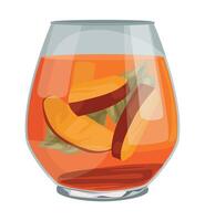A glass of orange drink with slices of peach vector