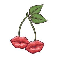 Two red lips with leaves on a white background vector
