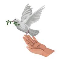 A dove flying over a hand with an olive branch vector