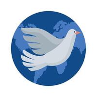 A white dove flying over a world map vector