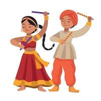 Indian couple dancing with colorful sticks vector