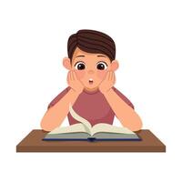 A boy is sitting at a table with a book in front of him vector
