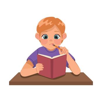 A boy is reading a book while sitting at a table vector