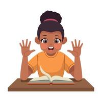 A girl is sitting at a table with her hands up vector