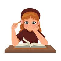 A girl is sitting at a table with a book and pencil vector