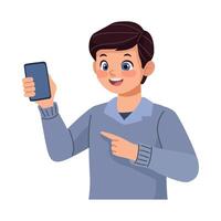 A man holding a phone and pointing at it vector