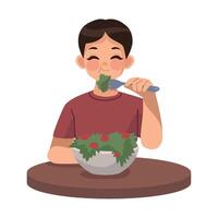 A boy eating salad with a fork and spoon vector