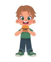 Boy eating hamburger illustration vector