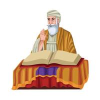 An old man with a beard sitting at a table with a book vector