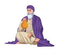 An old man with a beard sitting on the ground holding a jug vector