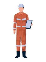 An illustration of a man in an orange work suit holding a tablet vector