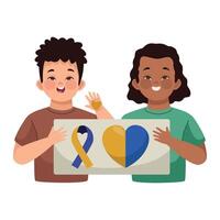 Two children holding a sign with a yellow ribbon and a heart vector