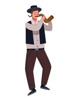 A man in a hat and vest playing a pipe vector