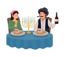 A man and woman sitting at a table with a menorah vector