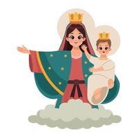 The virgin mary and child are standing on a cloud vector