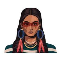 Native american woman with red makeup and feathers vector