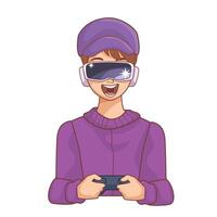 A man wearing a virtual reality headset and holding a controller vector