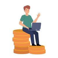 Man sitting on pile of coins with laptop vector