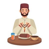 Muslim man praying at the table with food and drink vector
