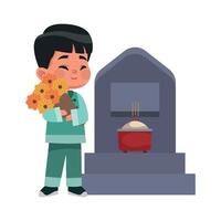 A boy holding a bouquet of flowers near a grave vector